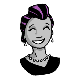 A cartoon drawing of my face. My hair is purple and I'm smiling creepily
